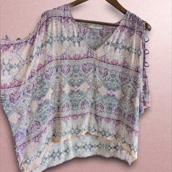 Lavender Brown NWOT XS Boho Kaftan V-Neck Blouse Sleeve Cutouts Purple Teal - Picture 1 of 6